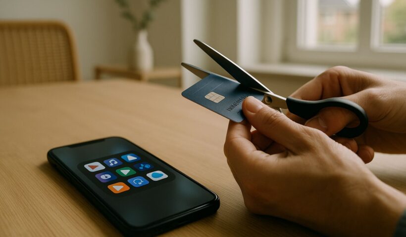 Smartphone met abonnementsapps op tafel naast een schaar en een bankpas