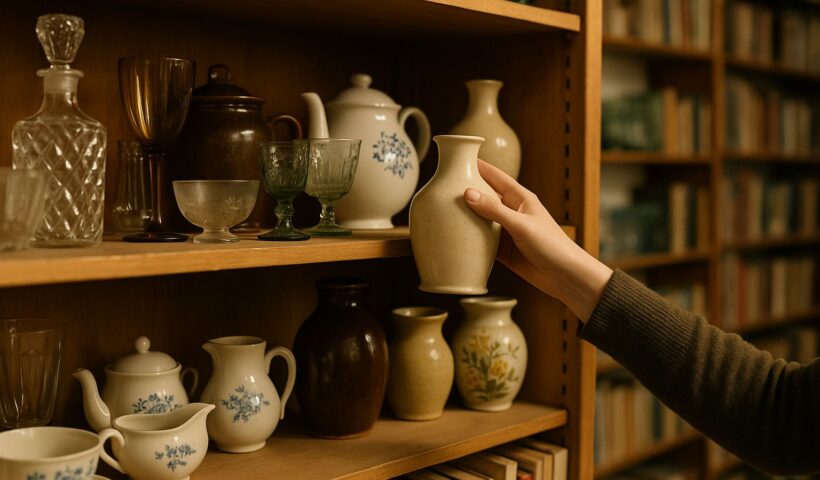 Schappen met vintage glaswerk, keramiek en boeken in een kringloopwinkel, een hand pakt een vaas