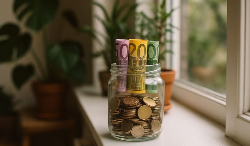 Glazen pot met munten en opgerolde eurobiljetten op een vensterbank met planten