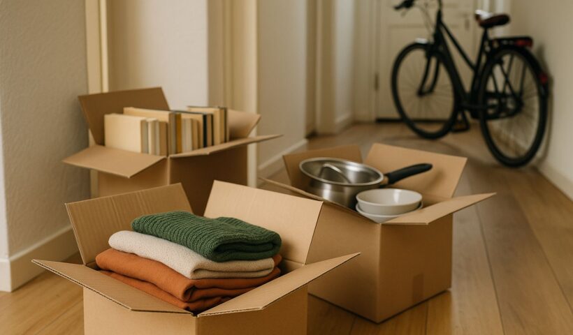 Kartonnen dozen met boeken, keukengerei en opgevouwen kleding klaar om te doneren in een gang