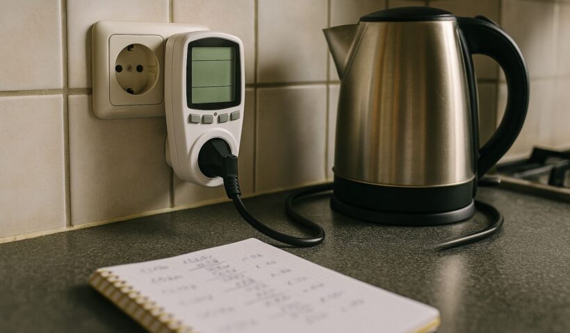 Energiemeter in een stopcontact in de keuken met een notitieboekje met berekeningen ernaast