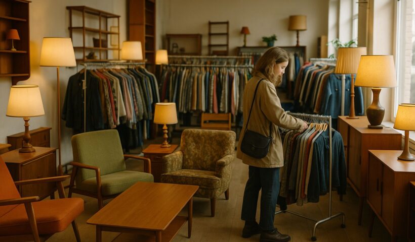 Lichte kringloopwinkel met vintage meubels, lampen en kledingrekken waar een vrouw rondkijkt