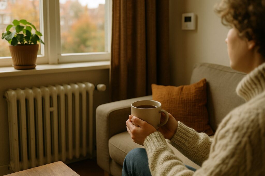 Gezellige woonkamer in de herfst met radiator onder het raam, dikke gordijnen en iemand in een wollen trui met thee