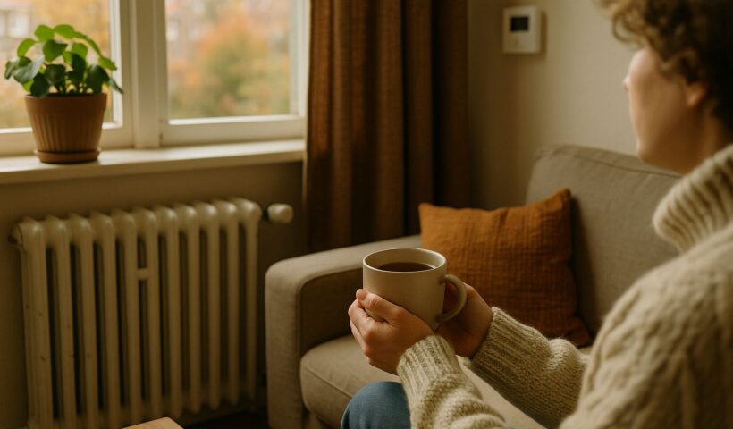 Gezellige woonkamer in de herfst met radiator onder het raam, dikke gordijnen en iemand in een wollen trui met thee